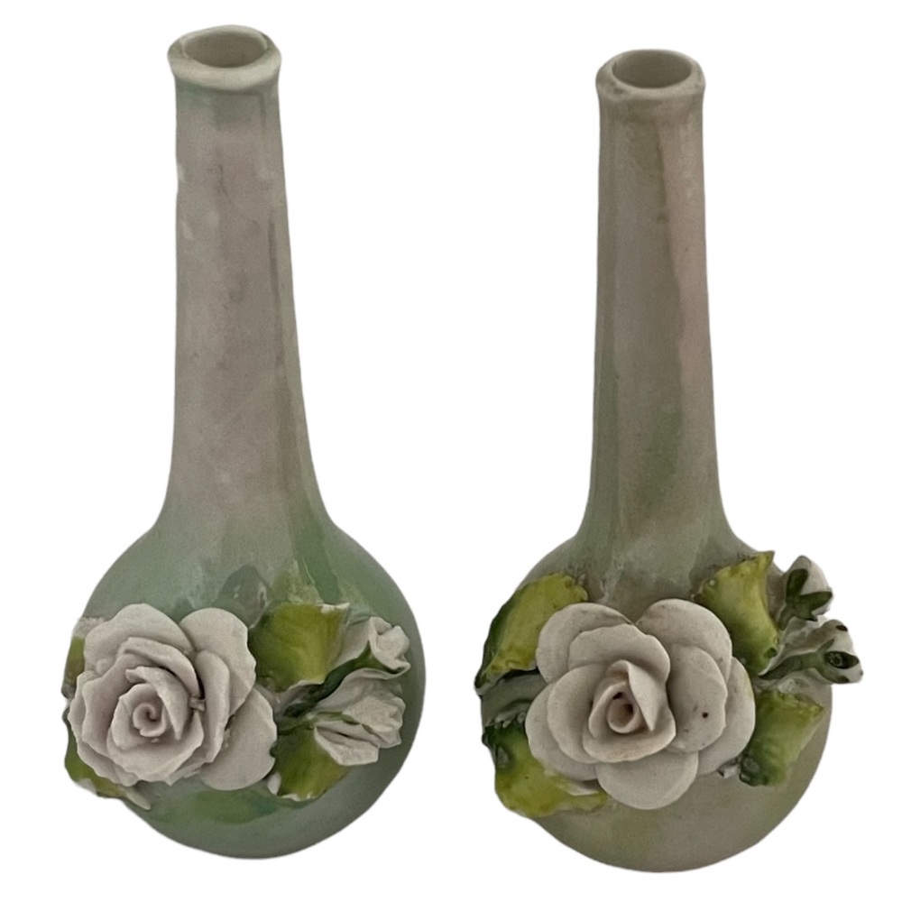 Pair of Vintage Small Porcelain Glazed Green Vase with 3D Flowers - Picture 1 of 3